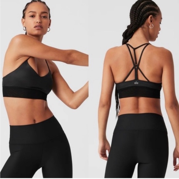 Alo yoga Lavish Black satin glossy Strappy with mesh Bralette - Picture 5 of 6